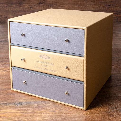 Multiple slipcase and drawer for car history file box for Jaguar E-Type.