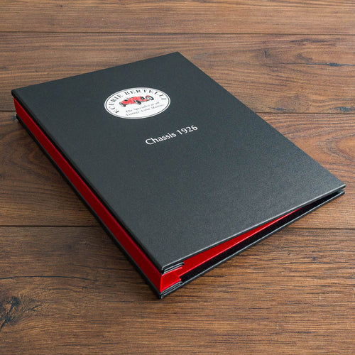 bespoke car history file with colour printed logo and chassis number on the cover