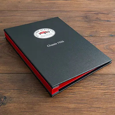 bespoke car history file with colour printed logo and chassis number on the cover