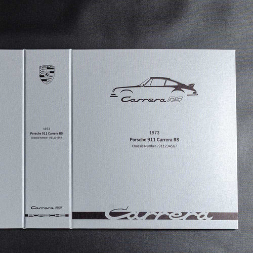 silver binder cover with a carrera RS drawing car details and carrera badge printed on the cover