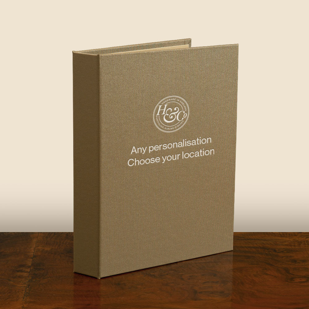 luxury personalised three piece casebound binder embossed with silver foil on the cover 