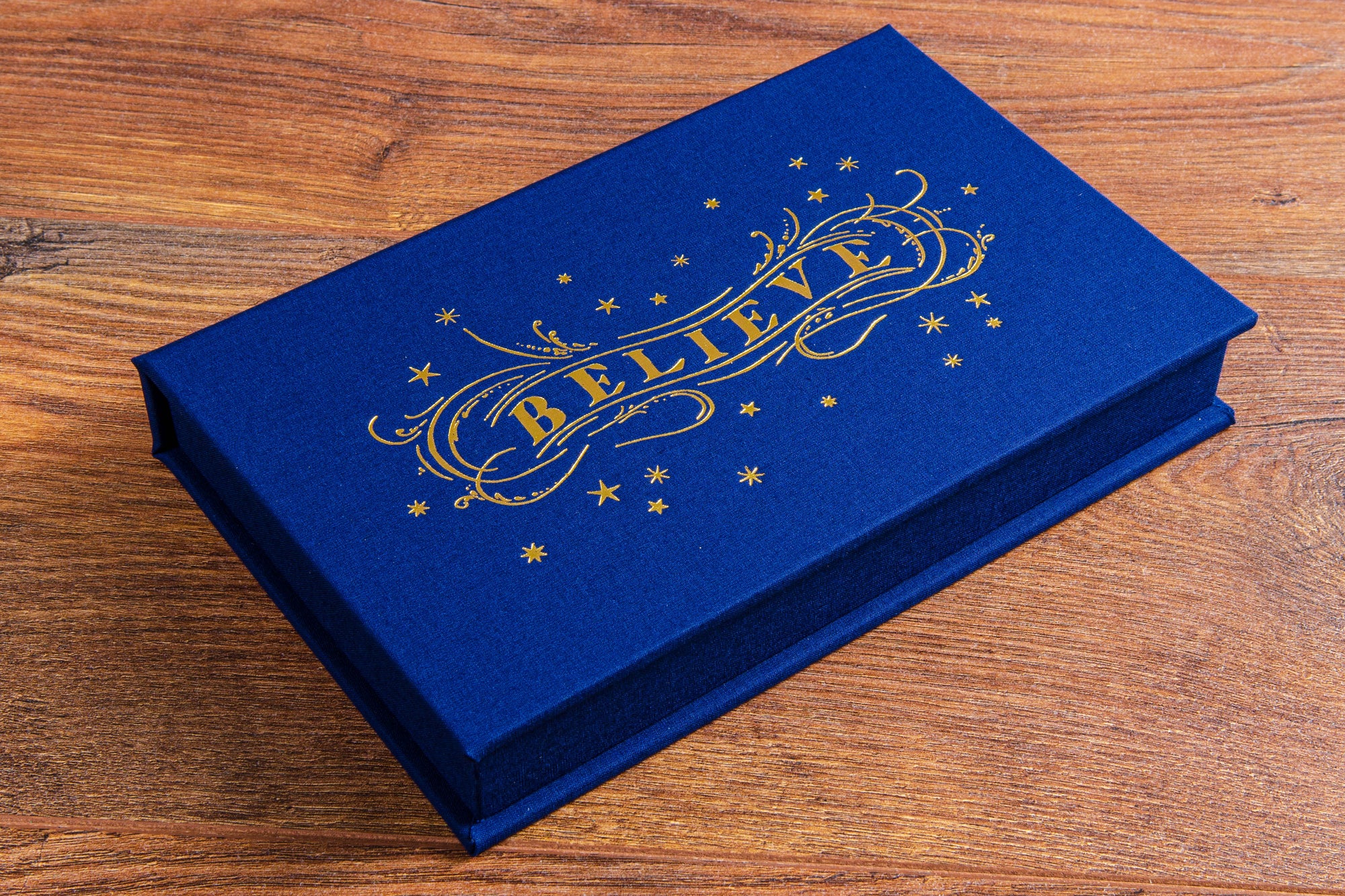 Personalised A5 clamshell box with gold embossment