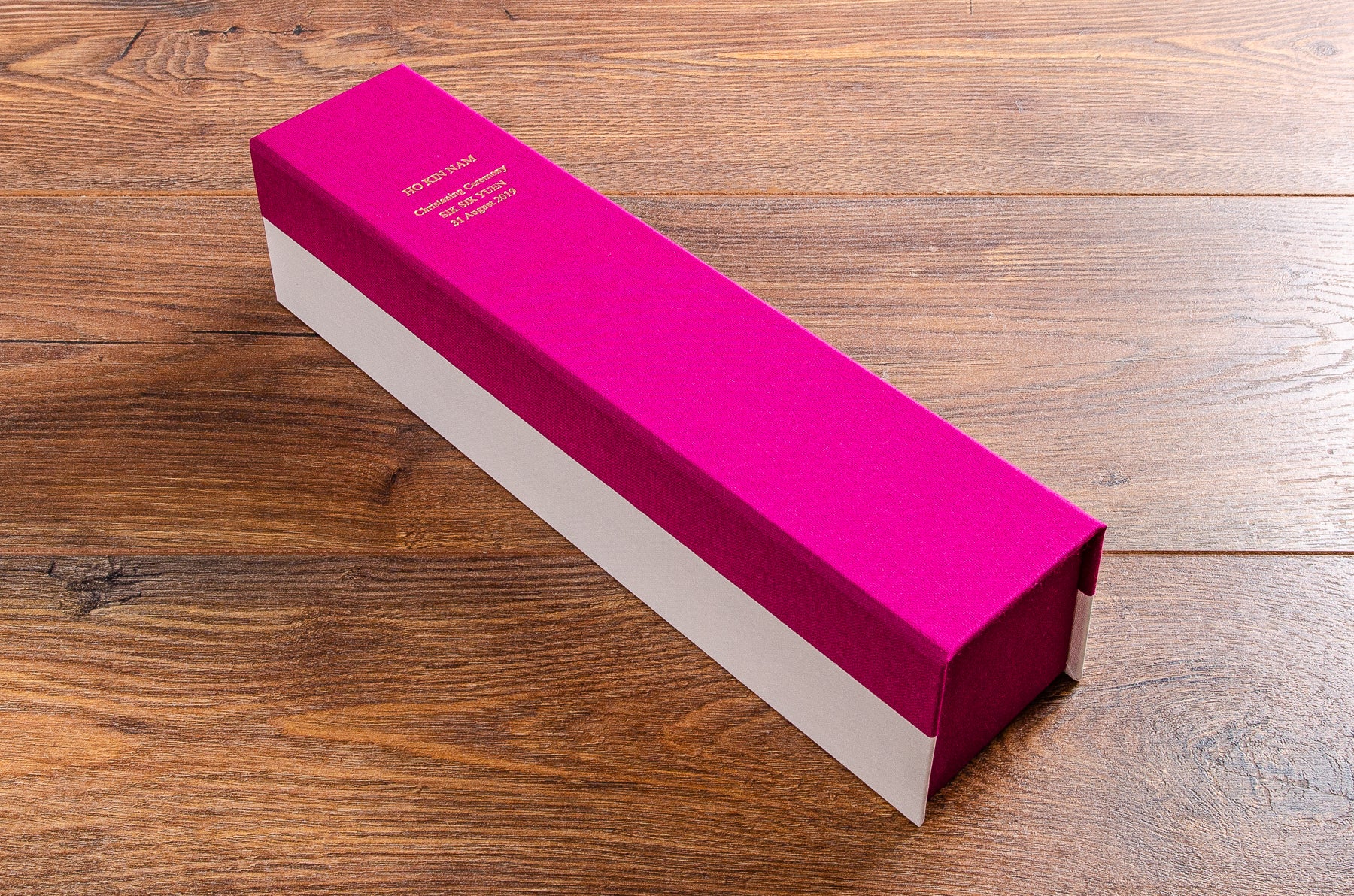 Bespoke christening box with gold foil stamped cover 