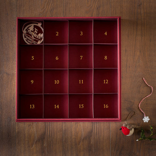 red box with numbered sections with christmas decorations in