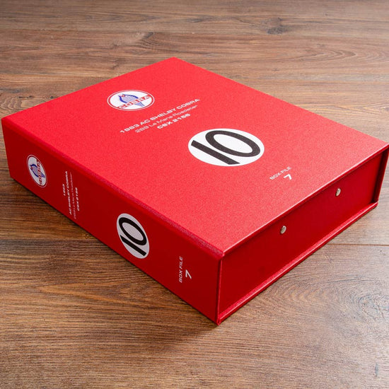 Example of custom printed box file for the documents of a classic AC Cobra racing car