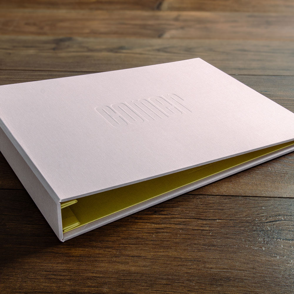High quality A3 photographers portfolio book personalised in white book cloth in a landscape format with branded logo embossed on the cover - Photographers & Designers, Casebound Binders, All Screw Post Binders