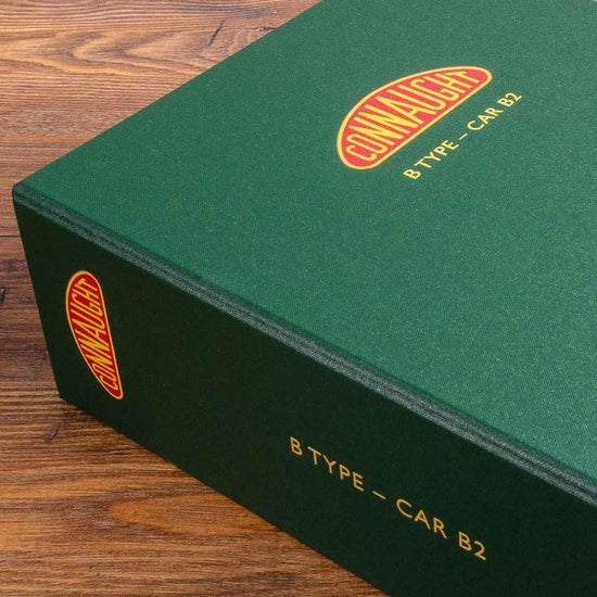 Close up of the printing of a document box file for a classic racing Connaught car