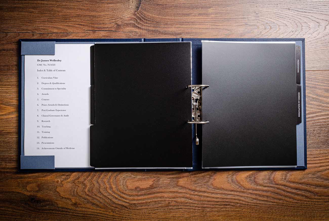 Index page of a custom made luxury medical and surgical portfolio