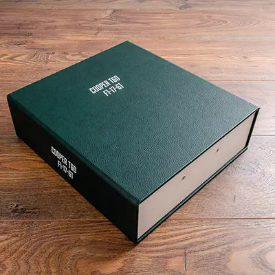 Green vegan leatherette storage box file with white foil personalisation. Custom made by Hartnack & Co. - Vehicles, Leather Covered Box Files