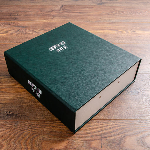 Green vegan leatherette storage box file with white foil personalisation. Custom made by Hartnack & Co.