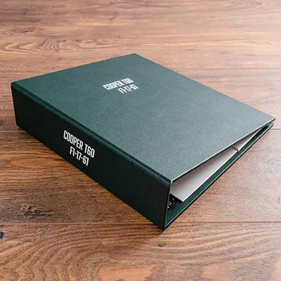 green imitation leather binder with white foil personalisation for classic racing car