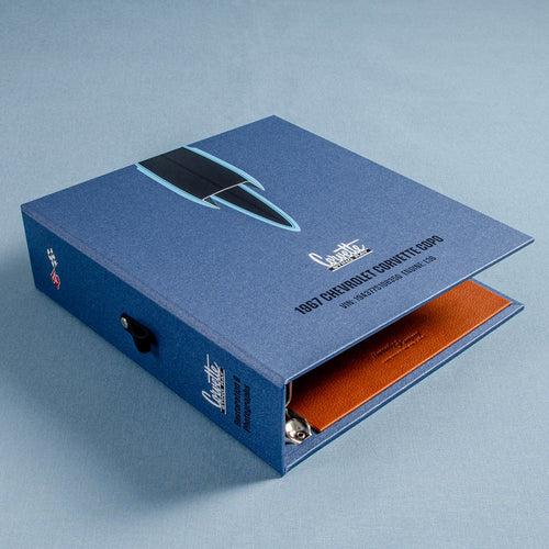 Custom design blue ring binder for 1967 Corvette with personalised graphics 