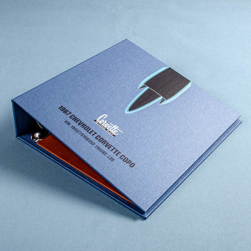 Custom made vehicle history binder in blue for a 1967 Corvette with printed personalised cover