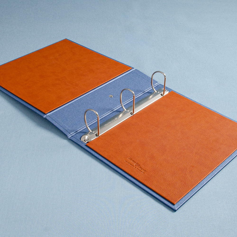 Luxury custom made ring binder in blue with a three ring 2 inch ring binder mechanism and a brown faux leather inner cover - Gallery image 6