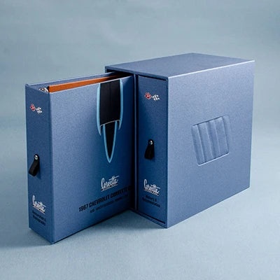 Taylor made luxury binder and box set with custom printed cover and spine and fine effect on the side of the box in blue buckram cloth