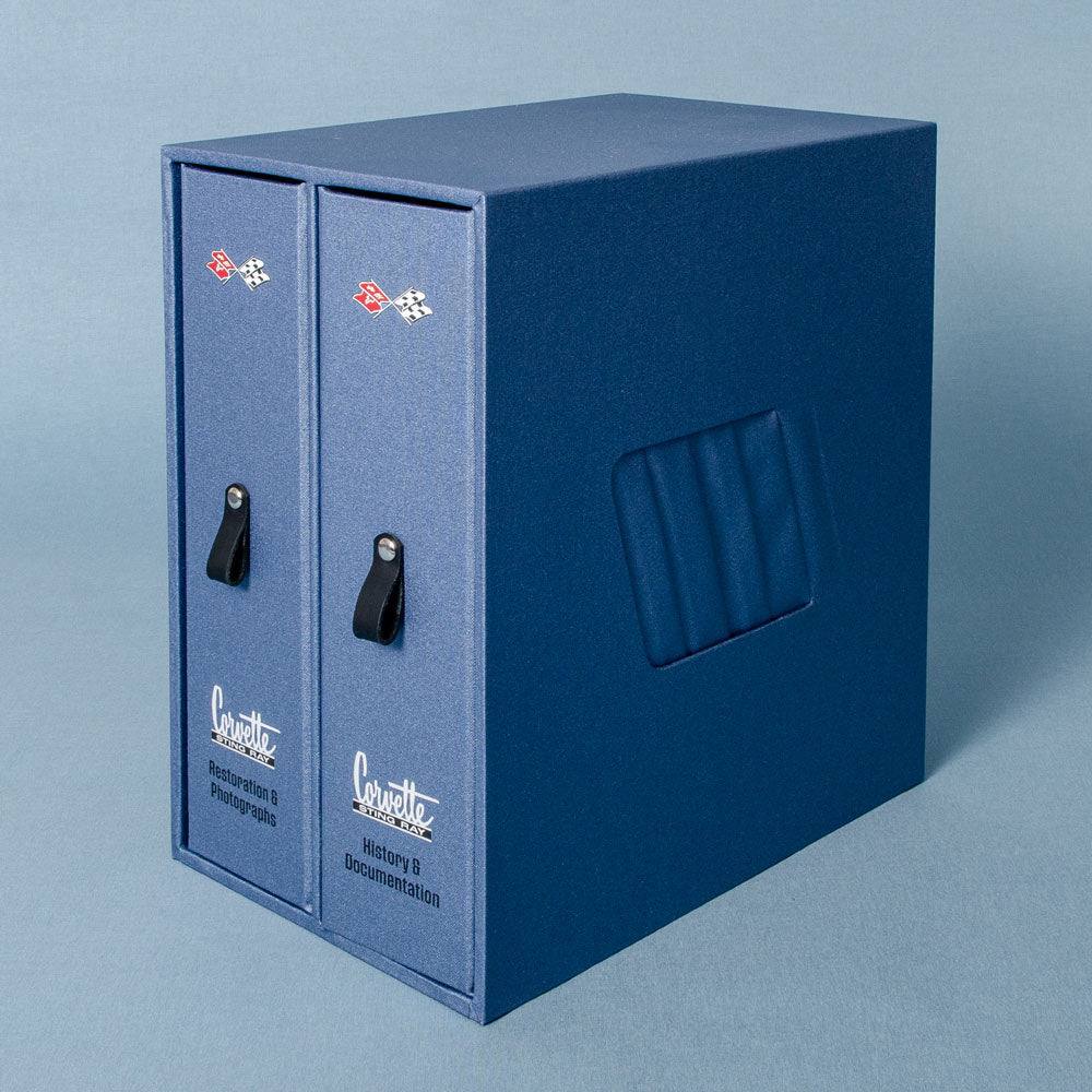 bespoke box and binder set with custom printed covers in blue fabric for car history and restoration documents - Gallery image 1