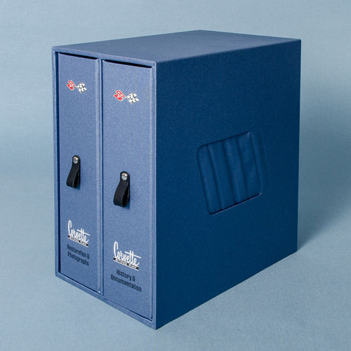bespoke box and binder set with custom printed covers in blue fabric for car history and restoration documents