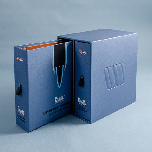 Taylor made luxury binder and box set with custom printed cover and spine and fine effect on the side of the box in blue buckram cloth