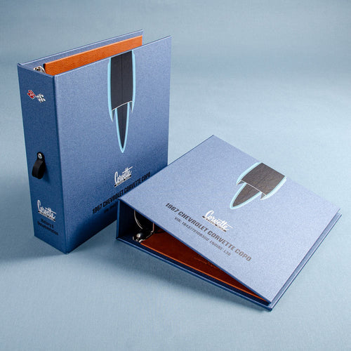Custom made personalised ring binders with UV printed covers in blue material 