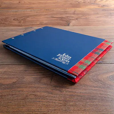 High Quality Luxury bespoke company presentation binder with custom fabric tartan stripe and silver foil personalised embossed cover