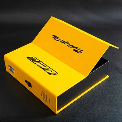Custom made clamshell box file in yellow with personalised printed cover for classic car documents