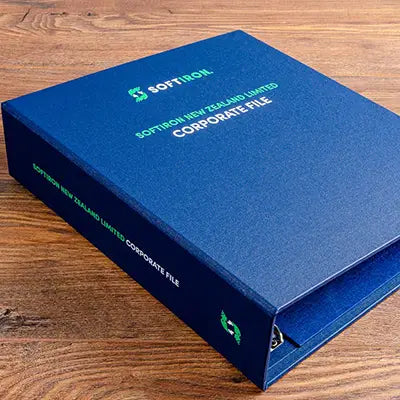 Custom made bespoke and personalised ring binder with company printed logos on the cover and spine