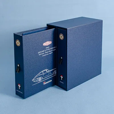 Special car document history file and slipcase box set for jaguar etype with custom printed personalisation with high quality ring binders and slipcase