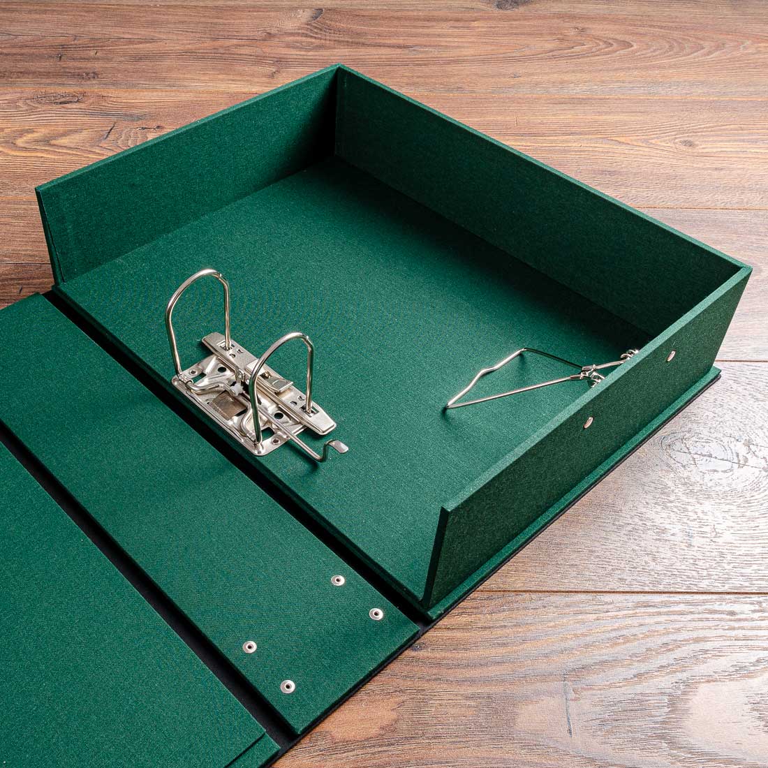 lever arch box file in green fabric with metal spring clip - Gallery image 1