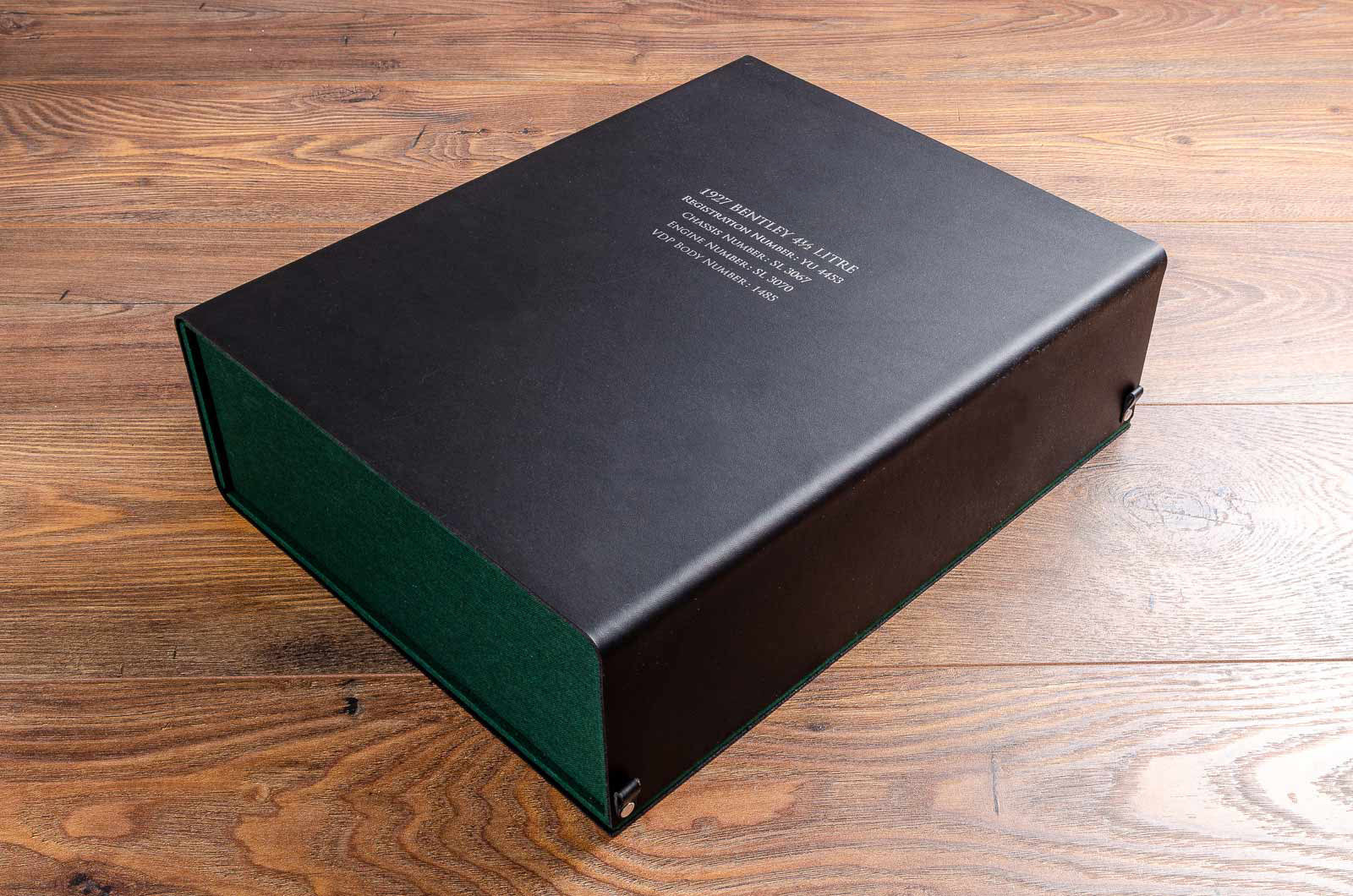 Personalised black and green vehicle document box with silver foil embossment
