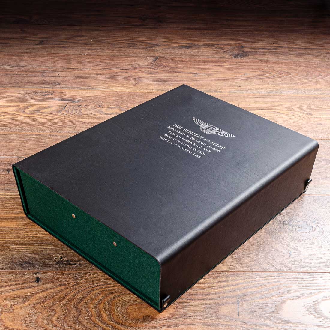 Quality custom storage box for classic car in black leather and silver foil personalised embossed cover custom made by Hartnack & Co. - Vehicles, Box Files