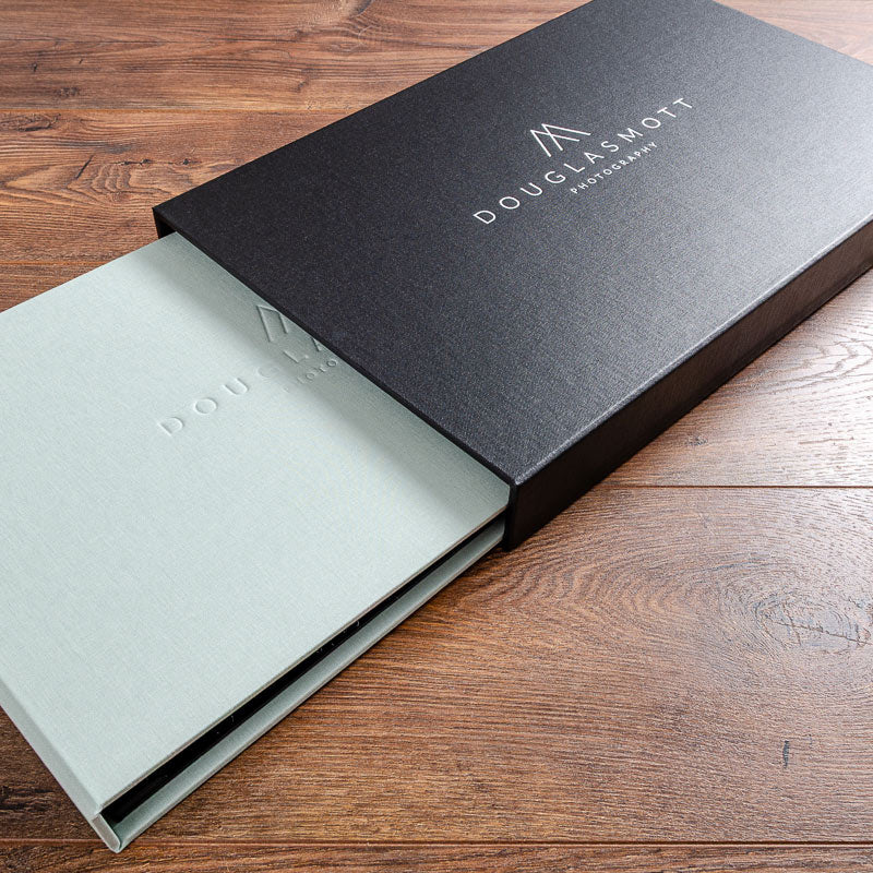 Luxury presentation binder in green fabric sliding into a black personalised slipcase - Gallery image 2