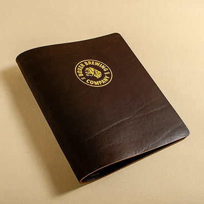dark brown genuine veg tan leather menu cover screw post binder with gold foil embossed cover
