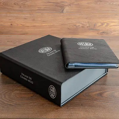 Customised black leather clamshell box file and A5 screw post album for Delage D8 vehicle documents