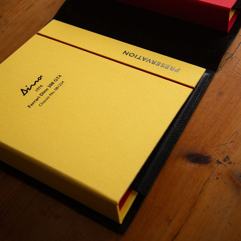 Luxury bespoke car document file in yellow and red with black foil personalisation custom made by Hartnack & Co. - Gallery image 3