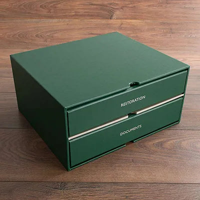 box in green buckram to hold vehicle history files