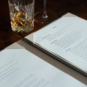 Menu Covers bespoke luxury menu cover with personalised corner pockets by Hartnack and Company