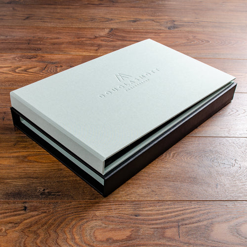 A3 landscape portfolio binder in light green fabric with personalised cover on black slipcase