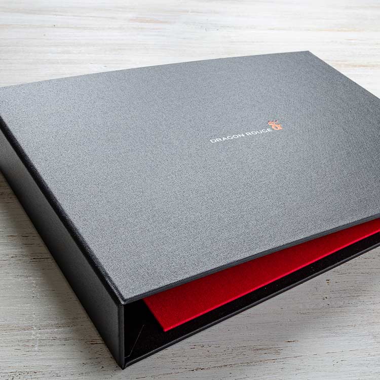 Custom made personalised A4 ring binder visitors book in black and red with foil embossing