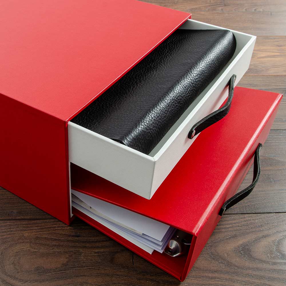 custom made box file for classic car history and documents in red material and black leather binder - Gallery image 2
