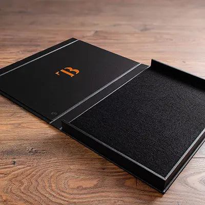 large a3 clamshell portfolio print box in black fabric with copper oil personalisation