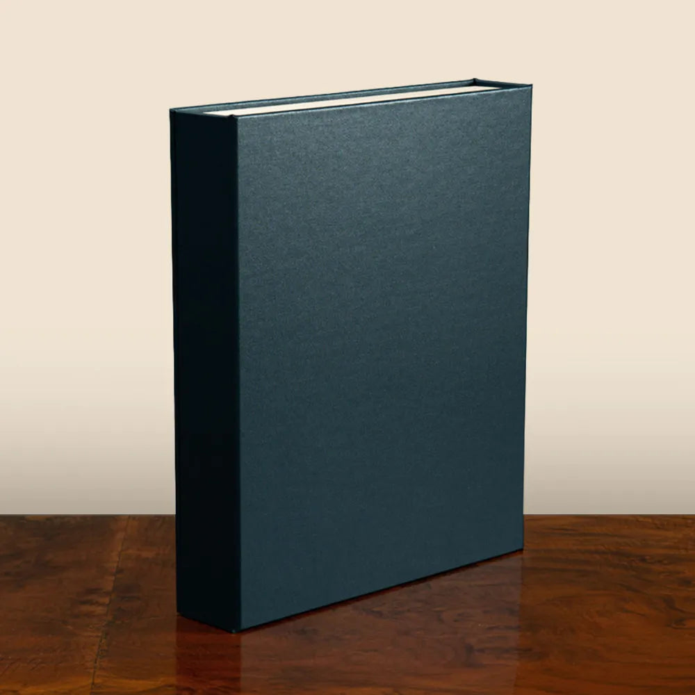 Luxury Box File custom made with hidden magnetic closures by Hartnack and Company standing on wooden surface