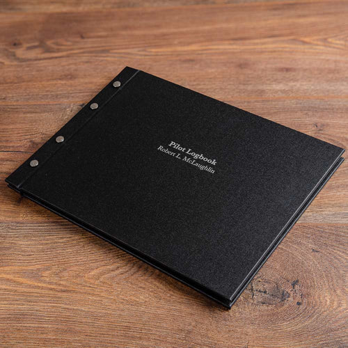 black screw post pilot logbook binder with silver foil personalisation