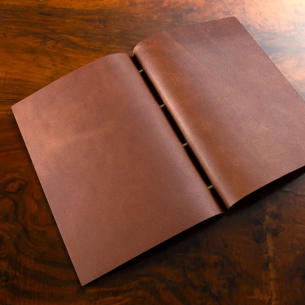 Leather Exposed Screw Post Binder in luxury veg tan leather, bespoke presentation binder for portfolios and documents.
