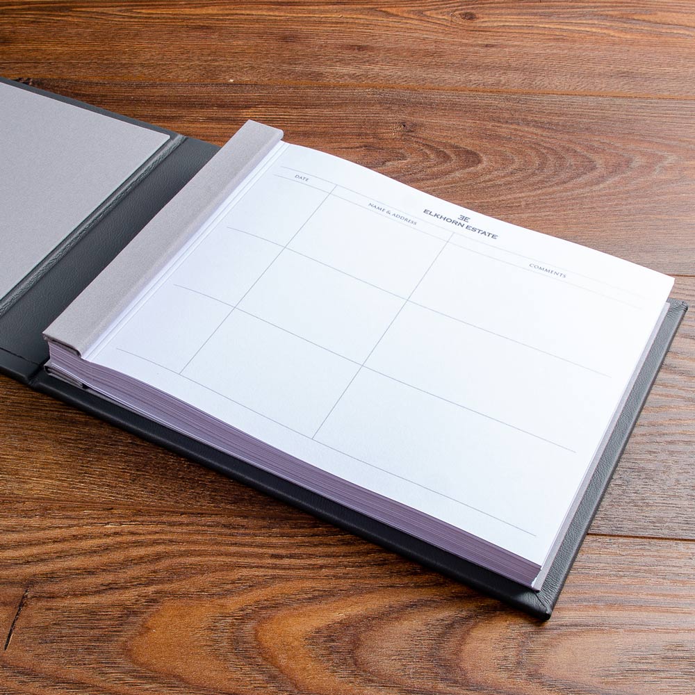 8.5" x 11" custom printed guest book page with screw posts for luxury lodge