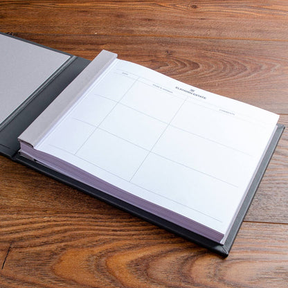 8.5" x 11" custom printed guest book page with screw posts for luxury lodge