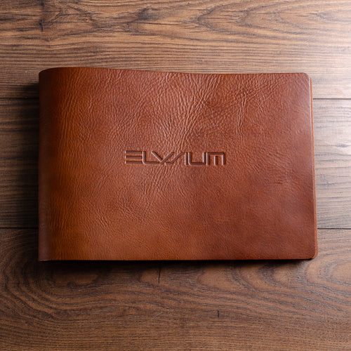 Luxury A3 brown leather guest book blind embossed and personalised with a logo stamped into the leather 