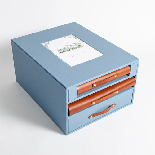 luxury leather wedding keepsake storage box, with enclosure for guest book, wedding album and a drawer for lose wedding memento and keepsakes, personalised with inset wedding invitation and gold foil embossed covers. Handmade by Hartnack and Co