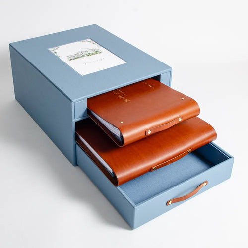 Custom made luxury wedding keepsake box with personalised guest book, wedding album and keepsake drawer all hand made by Hartnack and Company