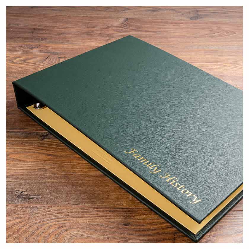 green leather personalised family history album
