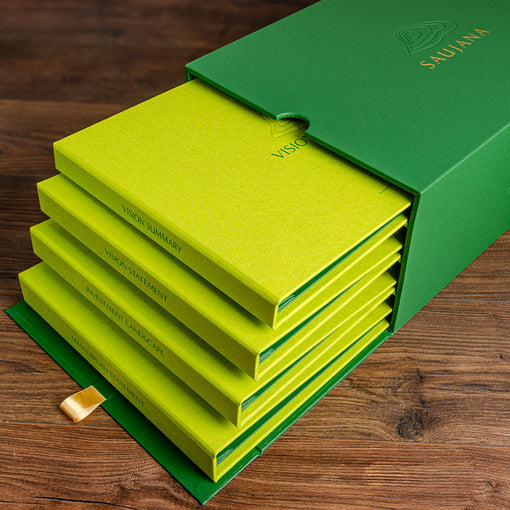 large custom made tender and bid presentation box with four screw post binders and embossed covers in green fabrics Hartnack and Co 